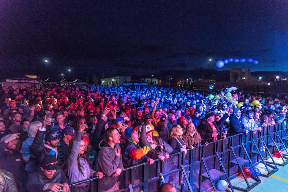 Image description: A crowd enjoying a concert from a distance with vibrant lights and a performer on stage.
